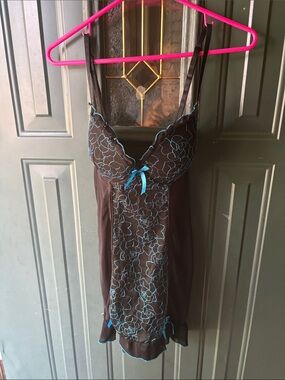 Native Intimates Black Chemise with Turquoise Floral Embroidery